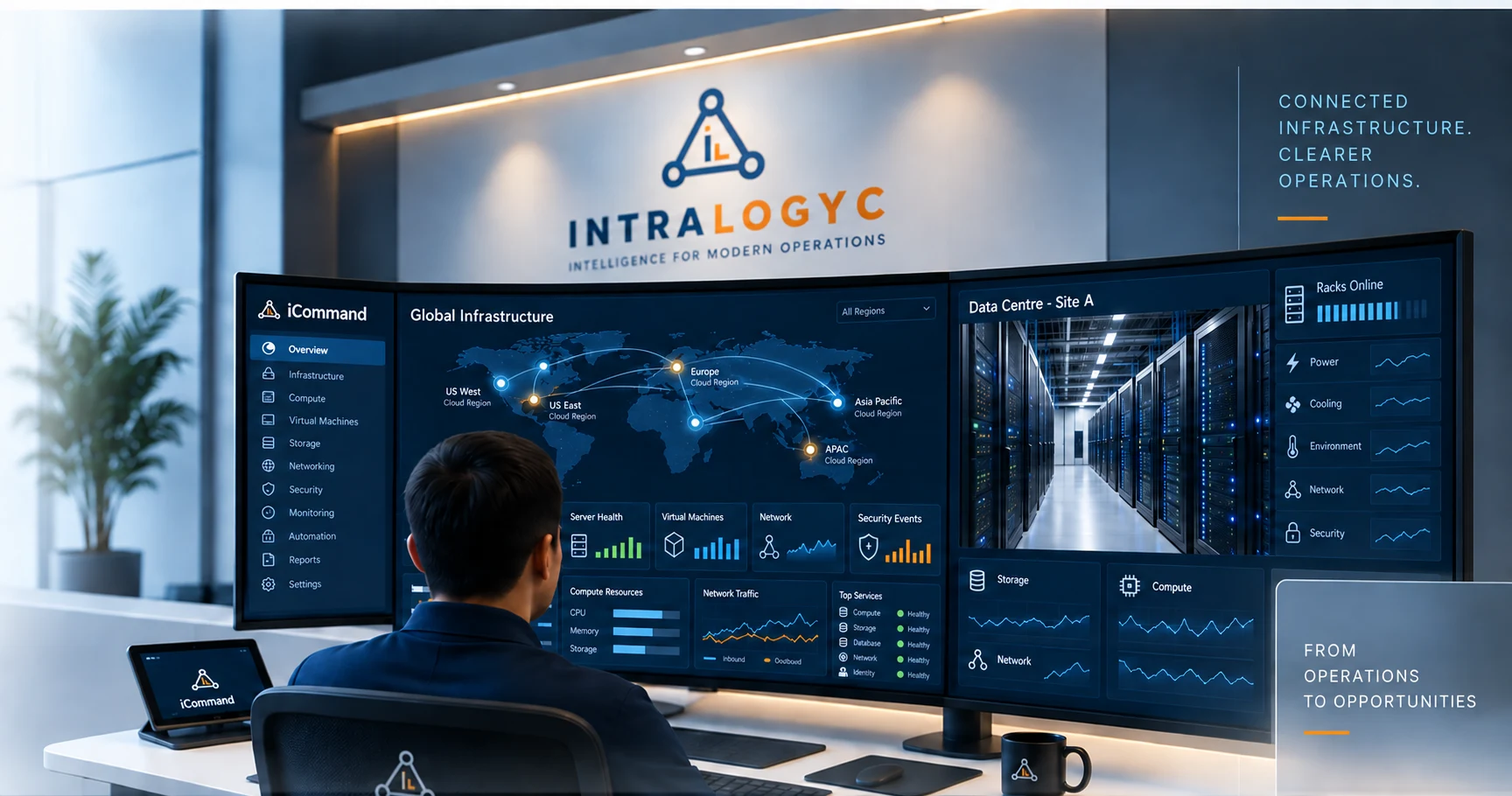 Intra Logyc infrastructure operations concept showing server racks, cloud regions and iCommand dashboards